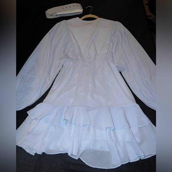 Long sleeve Ruffle Belted Dress in Winter Blue - Picture 10 of 13